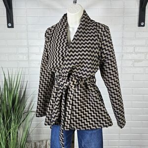Tulle Zig Zag Black and Brown Patterned Lightweight Wrap Jacket Size Small
